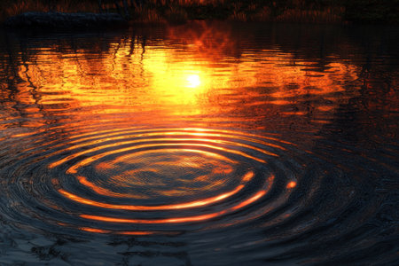 A tranquil ocean at sunset, with the sun setting behind and reflecting on the water's surface, creating ripples that glow in shades of orange and yellow. The sky is painted by the last rays of sunlight, casting long shadows over the calm sea waters. In the distance, distant waves gently lapping against each other, adding to the serene atmosphere. This scene evokes tranquility and peace as it captures nature's beauty at its most atmospheric moment. --ar 3:2 --v 6.1 Job ID: b85b7109-b40f-4b3d-a2e7-81bfd3c6a859の素材