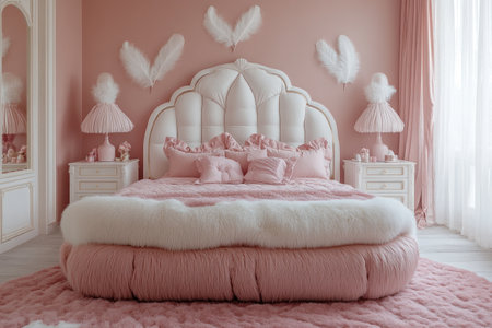 A pink and white girl's bedroom with a large pink bed, a fluffy, luxurious carpet in front of the footboard, feather-shaped lampshades, white bedside tables, a white headboard, pink wall paint, pink curtains, pink walls, pink and cream colors, pink fabric on the top edge of the headboards, and a white wood frame. --ar 3:2 --v 6.1 Job ID: 325e42b7-bf0c-4ae9-a9f4-8a07aed7b9aaの素材