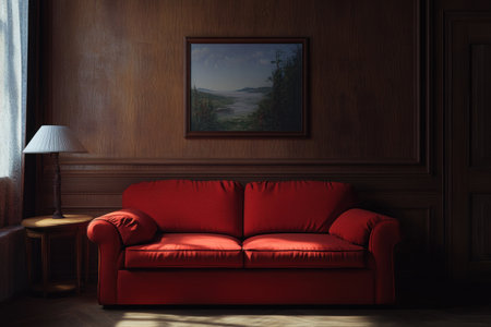 A minimalistic interior with a red sofa, brown walls, and a lamp. A simple living room design featuring a red couch. --ar 3:2 --v 6.1 Job ID: 9f851de3-9a1b-4eaa-9a34-f8dd0b8c1d6bの素材