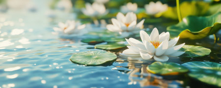 3D render of white lotus flowers floating on water with reflection, zen background with calm and clear lake surface, calm and peaceful scene with simple minimalistic design, zen style, white background, 2D illustration, 8K resolution, high detail, wide-angle lens, natural light, soft shadows, professional photography, sharp focus, high definition. --ar 5:2 --v 6.1 Job ID: 863cacac-95df-4156-97f0-3af2434fd5b7の素材