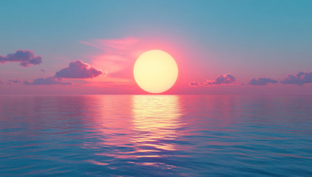 3D render of a large, round, glowing pink and orange sun setting over the ocean, with a blue sky and a reflection on the water, captured in a wide-angle view. --ar 53:30 --v 6.1 Job ID: 02afc99b-3eba-420f-95d4-77aef05a1361の素材