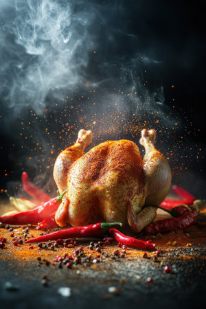 Commercial photography of a whole chicken with spices, surrounded by red peppers and chili powder in the center of a kitchen table, against a dark background, with backlighting and smoke. --ar 2:3 --v 6.1 Job ID: 38352638-3f4d-4d06-b27a-a9d1bec0f13bの素材