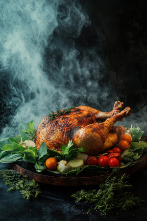 Roasted chicken, vegetables, and green leaves on the table, dark background with light from behind, smoke around it, hyper-realistic photography, cinematic. --ar 2:3 --v 6.1 Job ID: be8f02bc-7f31-4c03-806e-280438f42adaの素材
