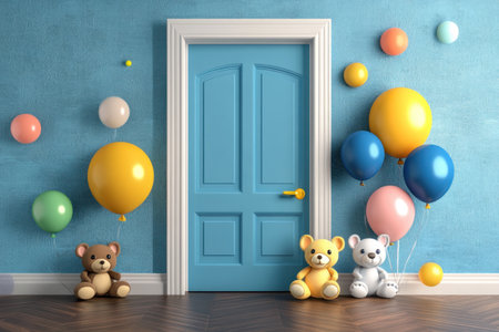 3D cartoon backdrop with a door and colorful balloons, cute stuffed animals sitting on the floor in front of it, in the style of Pixar. --ar 3:2 --v 6.1 Job ID: f2cfeef5-33cc-4076-b5ce-84721bb48199の素材