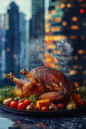 Commercial photography of a roasted chicken with vegetables on the table, in the style of a golden-fried, whole, spiced, muscular, majestic, beautiful, slow-roasted, juicy chicken with a silky texture, set against a skyscraper in the background, with smoke coming out of it, dramatic lighting, volumetric light, professional color grading, and epic details. --ar 2:3 --v 6.1 Job ID: 289dbb4b-de2a-4a1c-96a7-311b502e0646の素材