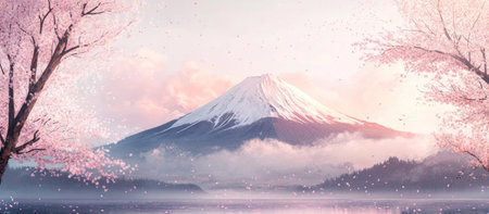 A breathtaking view of Mount Fuji with cherry blossoms in full bloom, petals gently falling from the trees around it. The mountain is majestic against a pastel pink sky, creating an enchanting and serene scene. Digital illustration capturing the beauty of nature's palette. High resolution. --ar 23:10 --v 6.1 Job ID: d21b3a26-bd04-4837-b748-21e1790f7827の素材