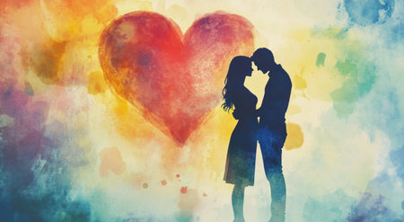 A couple embracing in silhouette with a heart-shaped watercolor background, symbolizing love and connection. --ar 95:52 --v 6.1 Job ID: 6a88e48c-f29a-448d-adea-90b719c91dd6の素材