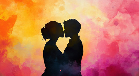 A close-up of two people kissing, double exposure, silhouette of a couple in love with an orange and pink gradient background, in the style of Abigail Larson, in the style of Anna Karenina, watercolor style, cinematic, high-definition. --ar 47:26 --v 6.1 Job ID: 5e844cab-a848-45d1-80fd-e0a1c3364c4dの素材
