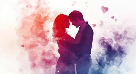 A couple embracing each other, surrounded by watercolor smoke in shades of red and purple with heart shapes. The background is white to highlight the figures against a soft gradient that transitions from light pink in the top left corner to dark blue at the bottom right edge. A silhouette-like appearance for both people adds depth and contrast to their forms. Watercolor illustration style. White background. No text or elements such as shadows should be visible on the page. --ar 95:52 --v 6.1 Job ID: 0f640feb-de71-41d0-ac2c-7f58257f4e04の素材