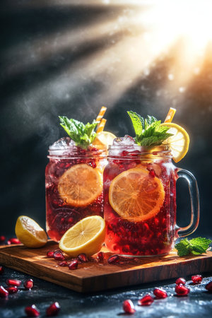 Two mason jars filled with tea and fruit, mint leaves in the glasses, pomegranate juice, lemon slices, and ice cubes on top of a wooden board, against a dark background with sun rays. This is a product photography image with professional lighting, high resolution, high detail, sharp focus, and intricate details, showcasing food styling. --ar 2:3 --v 6.1 Job ID: 099989ca-5e9d-4011-bc5c-8fcdb7f45d09の素材