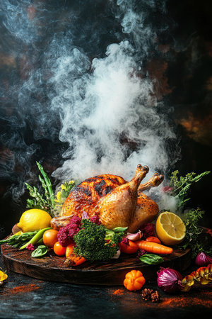 Commercial photography, Roast Chicken with Smoldering Smoke, in the style of NNN, Grilled chicken on a wooden table surrounded by vegetables and lemon, super luxurious, studio lighting, wallpaper, hyper-realistic. --ar 2:3 --v 6.1 Job ID: 817623ba-c570-4f51-bd9a-1278e58535bbの素材