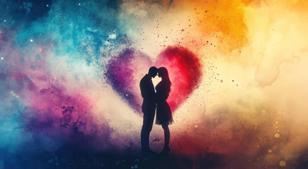 A couple embracing in the heart shape, surrounded by colorful smoke and watercolor splashes, symbolizing their love story. The background is an abstract blend of warm tones with soft lighting, creating a dreamy atmosphere. --ar 95:52 --v 6.1 Job ID: dce11179-d204-4e7e-a7a6-dd4a36dc43eeの素材