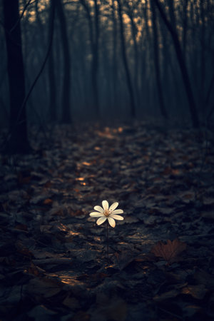 A delicate flower with petals that resemble miniature leaves grows in the center of an old forest clearing. The ground is covered by fallen autumn foliage and tree branches casting long shadows across it. In the background, dense trees stand tall against a dark sky, creating a mysterious atmosphere. --ar 2:3 --v 6.1 Job ID: c9665c5d-cc6d-4c28-8652-b7d5c4ef03c6の素材