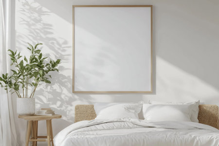 3D rendering, minimalist mockup of an empty, blank poster frame on the wall in a bedroom with a white background, a wooden table, and a plant beside the bed, with soft lighting, high-resolution photography, insanely detailed fine details, and an isolated, plain background, stock photo quality. --ar 3:2 --v 6.1 Job ID: a06efbd6-7a40-4831-9a63-4d1673c2c204の素材