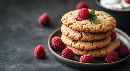 Fresh-baked cookies with raspberries and Greek yogurt on the side, photographed against a dark background. --ar 78:43 --v 6.1 Job ID: 3cd8ee31-18f7-458d-b238-7dd8938dafc5の素材