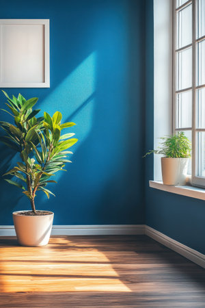 Wooden floor, wall painted in blue color with white frame on the left side of it, window to the right, shelf and potted plant near the corner of the room, modern home interior design, aesthetic stock photo, 20mm lens. --ar 2:3 --v 6.1 Job ID: e2ece9df-a911-4835-ac39-62cf83d480fdの素材