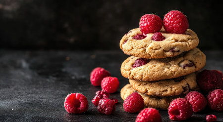 Fresh-baked cookies with raspberries and Greek yogurt on the side, photographed against a dark background. --ar 78:43 --v 6.1 Job ID: 3cd8ee31-18f7-458d-b238-7dd8938dafc5の素材