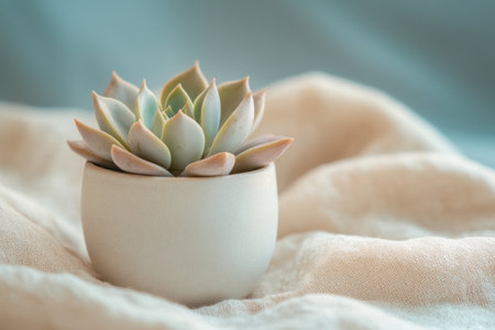 Ceramic succulent planter on a light blue background, close-up, with a blurred light beige fabric in the foreground, depth of field, macro photography, photorealistic, high resolution, high detail. --ar 3:2 --v 6.1 Job ID: 9a2e1c3c-3695-40f8-8444-dec073df5ea8の素材