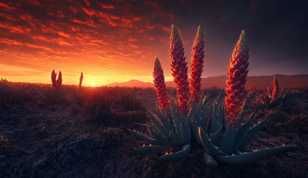 Photograph of aloe plants in the desert at sunset, South Africa. Award-winning photography in the style of Tim Flach and National Geographic photographer. --ar 26:15 --v 6.1 Job ID: e8a03395-0ec7-434d-9513-e10cf2f5ca81の素材