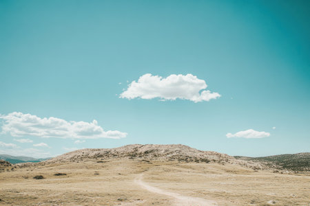 Wide-angle photo of an arid desert landscape with small hills, rocky terrain, and a dirt road. The blue sky has a single white cloud on the left side. There are no trees or other vegetation visible. Captured with a Sony Alpha A7 III camera. --ar 3:2 --v 6.1 Job ID: a1023dd0-3170-452f-b122-2b9f73b36f12の素材