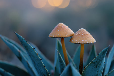 Macro photography of two small brown mushroom-like spore pods growing on the leaves and stem, close-up, with a blurry background, in an agave field at dusk. --ar 3:2 --v 6.1 Job ID: 856036d1-0c90-4cec-a8c2-ae44da4fc08aの素材