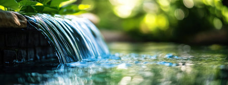 Close-up of water flowing from the edge into an elegant garden pond, with green leaves in soft focus in the background. The water is clear and blue, creating a calming effect. This photo was taken using a Canon EOS R5 camera with a standard lens. --ar 8:3 --v 6.1 Job ID: 692e8dca-7667-4f34-aef8-d928dda34aaaの素材