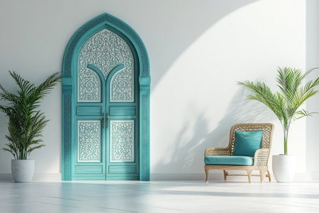 3D wallpaper with a white and turquoise color combination, Islamic architecture-inspired door with arabesque decoration, an Arabic-style chair near the wall, white floor tiles, a plant pot in the corner of the room, captured with a 20mm lens, resulting in an ultra-realistic image. --ar 3:2 --v 6.1 Job ID: d9fce411-fe7e-459d-87df-d58c1e98e46bの素材