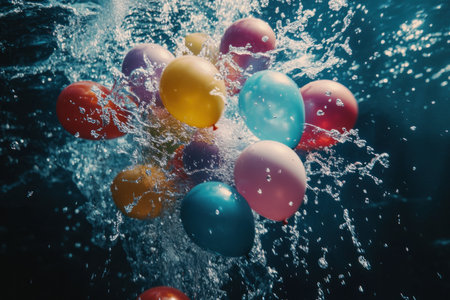A cinematic still of colorful balloons bursting in water, shot on an Arri Alexa cinema camera. --ar 3:2 --v 6.1 Job ID: db4ad8db-3a7a-4092-81a4-c4f251890a41の素材