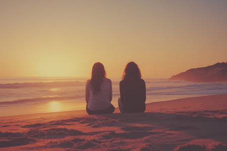 Two people sitting on the beach, watching the sunset over the ocean. The photo is taken from behind them, with the soft golden light reflecting off their faces, creating a serene and peaceful atmosphere. The warm tones of orange and pink in the sky, and the sandy shore with gentle waves lapping at the edge, contribute to the tranquil scene. --ar 3:2 --v 6.1 Job ID: 21f61b99-2026-4f79-b155-e76d00fb1066の素材