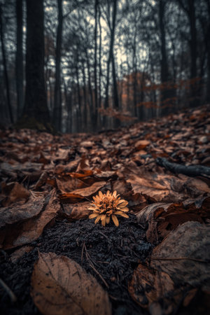 In the forest, there is a solitary flower resting atop fallen leaves and brown mud in front of you. In autumn, the ground is covered with the shadows of dead leaves under dim light. A single wild flower blooming among them creates a peaceful atmosphere. The background is dark woods, with low-saturation tones and high contrast. This photograph presents delicate details through macro photography. It has a strong sense of depth, highlighting texture and adding mystery to natural beauty. --ar 2:3 --v 6.1 Job ID: 816b733b-019d-434f-a4c8-103b5799382cの素材