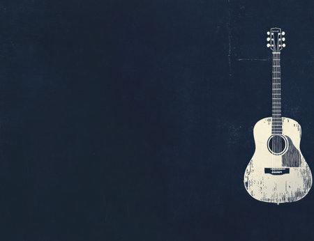 A dark blue background with an acoustic guitar silhouette on the right side, a minimalistic and simple design with white and gray tones, high resolution, and no text or graphics in front of it. This image would be suitable for a logo design. --ar 13:10 --v 6.1 Job ID: e863368d-b0a7-4c9e-8bdc-e4da04800eb4の素材