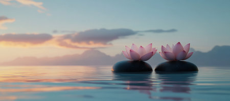 A tranquil spa scene with a pink lotus flower, two black rocks balanced on top of each other in the water, and a serene sunset sky, symbolizing balance, tranquility, and meditation. --ar 34:15 --v 6.1 Job ID: 3b1839c5-e475-48ea-bded-ca2559d9cef3の素材