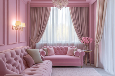 Beautiful interior design of a pink living room with elegant furniture and curtains, home decor for a modern house in pastel colors, perfect for creating an atmosphere of love and romance. --ar 3:2 --v 6.1 Job ID: 3ab45552-e000-48a9-902f-7e0de4f7e130の素材