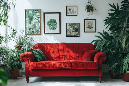 A photo of a red sofa in front of a white wall with plants and framed pictures, a bright living room interior design with potted houseplants and a large window, and decorative paintings on the walls, with white carpet flooring. --ar 3:2 --v 6.1 Job ID: 2a09d316-f2d3-4060-b39e-85b21e879279の素材
