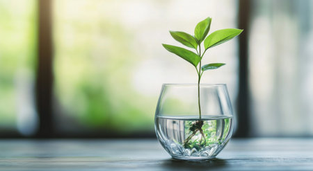A glass vase with water and a sprouting plant inside, symbolizing growth in environmental education for World Wildlife Day. --ar 78:43 --v 6.1 Job ID: edda400a-c738-4a60-b326-c5be170dd854の素材