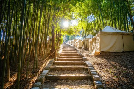 Stairs leading to the bamboo forest, bamboo grove in Arashiyama, Kyoto, Japan, green background, bamboo leaves, sunlight shining through between the bamboo trees, bamboo tree rows on both sides of the stairs, white stone walls around the bamboo forests, small houses in the distance, warm colors, high-definition photography, super-resolution. --ar 3:2 --v 6.1 Job ID: a54782c2-dc05-406c-977b-3732a80f4580の素材