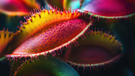 Close-up of colorful carnivorous plants, capturing the intricate details and vibrant colors in their tooth-like trap leaves. The background is dark to highlight the bright reds, pinks, greens, yellows, and oranges of these mesmerizing alien-like creatures. Captured with a Sony Alpha A7 III camera using a macro lens at f/2.8 aperture for sharp focus on each leaf. High resolution, high detail, cinematic lighting, hyper-realistic, super detailed, full HD. --ar 53:30 --v 6.1 Job ID: 244bb545-5ca5-4d3d-8b9f-64e63c0e7b21の素材
