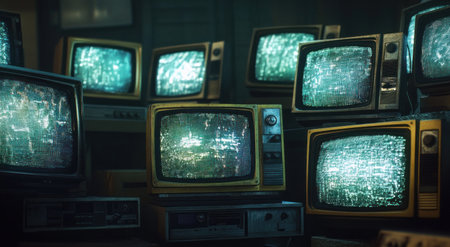 A row of old, dusty television sets displaying static in the style of vintage 80s sci-fi magazine art. The atmosphere is dark and moody with a hint of nostalgia, reminiscent of classic science fiction books. Each screen has different shades of yellow or blue. In one corner, there's an antique VHS player on top of another TV set. It feels like you're standing inside that room from your childhood memories, where technology was just starting to take off but had not yet become as advanced as it is today. --ar 95:52 --v 6.1 Job ID: ab7dc61c-545c-4e04-a5be-d0435fee1008の素材