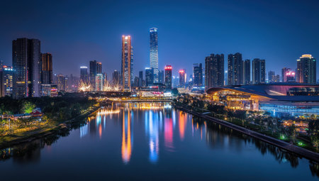 New Year's Eve, a city night view with fireworks in the sky. The background features the buildings of Shenzhen City Center on both sides of the river and a dark blue sky. This is a real photography style, with super high-definition details and perfect picture quality. Colorful lights and a wide-angle lens create a festive atmosphere. Vibrant firecrackers light up the entire scene, illuminating every corner. In front of the display, tall skyscrapers stand tall, reflecting the bright colors. --ar 53:30 --v 6.1 Job ID: e11bc58a-3a57-4e9e-93b5-63ee765f58c6の素材