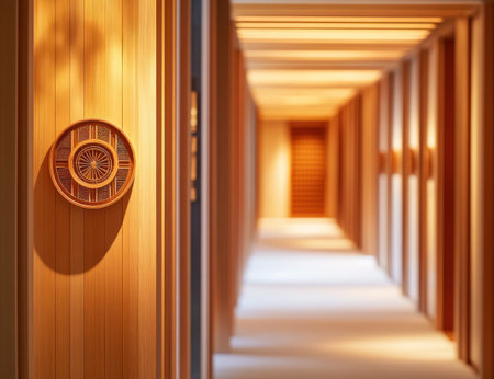 The long corridor of the hotel is lined with wooden doors, and there is an elevator at one end of it. The walls feature light-colored wood panels, creating a warm atmosphere. There should be lighting fixtures on both sides to highlight each door. At night, soft lights illuminate every room from above, adding warmth and tranquility to your living experience in Japan. High-resolution photography, detailed facial features, epic pose, wide-angle lens, Fujifilm Superia, full HD. --ar 13:10 --v 6.1 Job ID: 6b6591e6-cbc2-45db-987b-868d7544fbe7の素材
