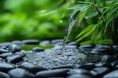 Bamboo fountain with water pouring over black river stones, green bamboo leaves in the background, a zen and tranquil spa setting. --ar 3:2 --v 6.1 Job ID: ed31fc4e-5422-49b7-932d-eb2cdafa446bの素材