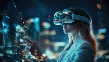 A young businesswoman wearing VR glasses is using a holographic interface in virtual reality technology for digital marketing and product design on a dark background. A woman in a white suit uses augmented reality glasses to work in a night office, with a futuristic cityscape in the blurry background. High-resolution photography, insanely detailed, with fine details, isolated on a plain background, a stock photo, with professional color grading and an award-winning composition, in the style of Sony Alpha III. --ar 53:30 --v 6.1 Job ID: 1836e066-e3d9-49e8-995a-2aa401f8378dの素材