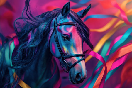 Close-up of a colorful, painted horse with a flowing mane in front of blurred, multicolored ribbons. Hyper-realistic photography. --ar 3:2 --v 6.1 Job ID: 68347cd1-fde9-4138-83bc-2ee6ec354145の素材