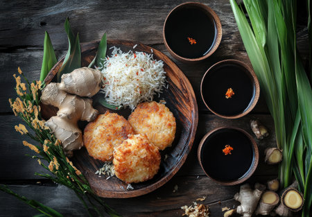 Rengginang, a traditional Indonesian deep-fried rice cake, is served with coconut and ginger on the side of an Indonesian wooden plate, placed next to two cups of black tea. The background is a dark wood table. --ar 22:15 --v 6.1 Job ID: 9e935e9e-c197-41e9-9305-0963eb8289c1の素材