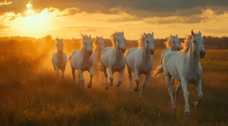 7 white horses running in the same direction, with a sunset background, professional photography. --ar 128:71 --v 6.1 Job ID: 451789a8-30ad-4d4f-9b38-1a59edcced30の素材