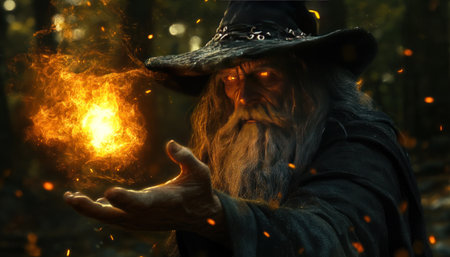 Dark fantasy, an old wizard with a black hat casting a fireball spell, a full-body portrait, a dark forest background, fantasy art style, digital painting, cinematic lighting, cinematic composition, hyper-realistic, high-resolution photography, Octane render, in the style of Greg Rutkowski and Thomas Kinkade. --ar 128:73 --v 6.1 Job ID: d947c69f-a764-49f8-965e-fafcb06c0e21の素材