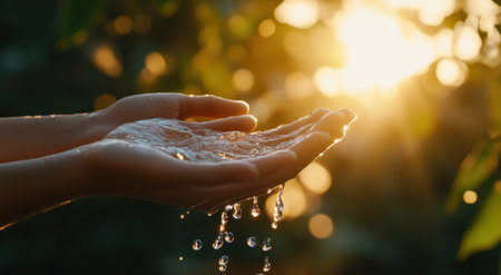 Close-up of hands cupping water, with sunlight filtering through the trees in the background, creating an atmosphere of tranquility and connection to nature. The focus is on capturing details like droplets or ripples in motion as they flow into open palms. Shot during the golden hour for warm lighting and depth of field. High-resolution image, shot using a Canon EOS R5 camera. --ar 78:43 --v 6.1 Job ID: 656da90e-98d0-4975-901e-d28b935159c7の素材