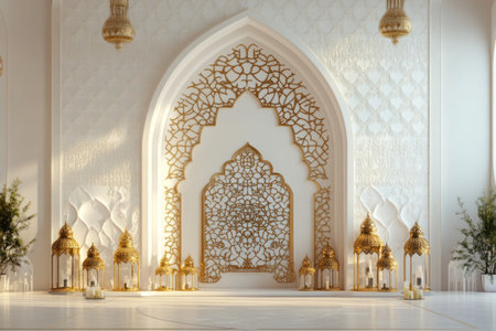 3D render of a Ramadan Islamic background with white and gold colors, a large decoration in the center, lanterns and candles on both sides of it, a white floor and wall behind, and an Islamic ornament on top of an arch shape on the right side. --ar 3:2 --v 6.1 Job ID: 7030c81d-b837-4847-ad53-1835a840b582の素材