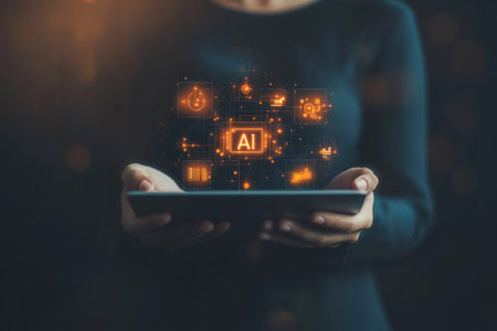 Photo of a businessperson holding an AI technology interface with digital data and icons representing the integration between "AI" and technology, working on a laptop. The background is dark blue to emphasize their focus in front of them. Realistic photography style. --ar 3:2 --v 6.1 Job ID: 6d8189a0-5927-4151-a56f-40cae876b6f1の素材