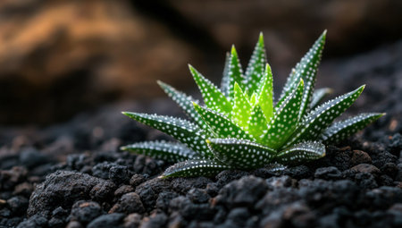 A close-up of the small, green Haworthia cooperi plant with its distinctive white spots and round leaves growing in rich soil surrounded by dark rocks. The background is blurred to focus on the vibrant colors of nature, with soft lighting highlighting textures and details. --ar 53:30 --v 6.1 Job ID: 7ccdea81-1d93-4891-b4d4-73765e76374eの素材